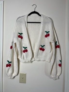Amazon White Open-Front Cardigan with Red Cherry Embroidery